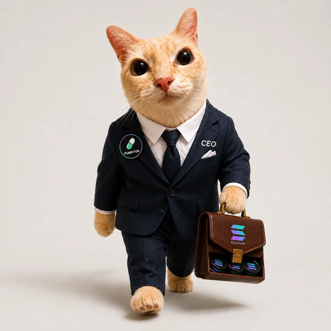 PumpFun CEO cat walking with a Solana briefcase